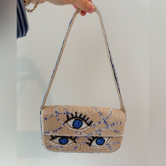 Anthropologie Handbags - Anthropologie Beige and Blue Embroidered Eye Shoulder Bag